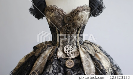 A steampunk masquerade ball gown with lace, metal embellishments, and gears . 128823123