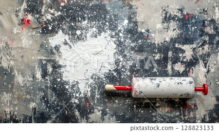 Painter roller with splashes of white on drop cloth . Painter roller with splashes of white on drop cloth . 128823133