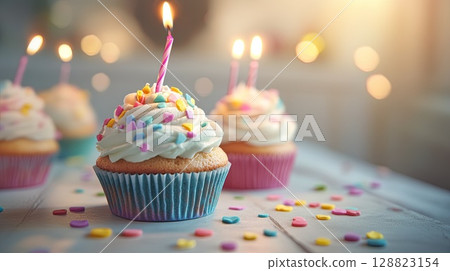 Birthday cupcakes with frosting art and soft natural lighting . 128823154