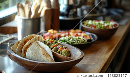 Pita bread stuffed with falafel, hummus, and tabbouleh, served in a rustic Greek kitchen with wooden accents . 128823157