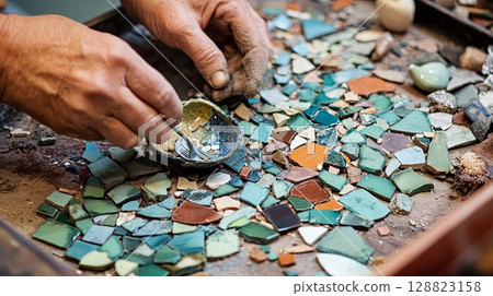 Creating mosaic tile art using broken pieces of old pottery and glass. . 128823158