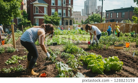 A community garden with volunteers planting and harvesting crops in an urban neighborhood. . 128823159