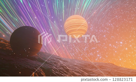 A cosmic ballet of planets and moons in orbit around a giant star, bathed in colorful starlight. . 128823171