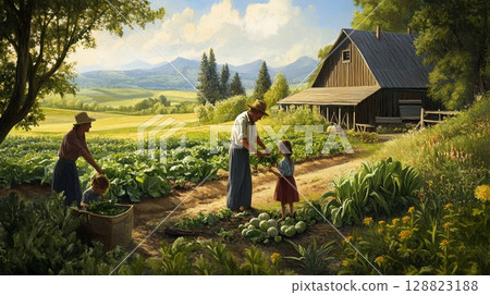 A family picking fresh vegetables from a garden, with a wooden farmhouse and green fields in the background. . A family picking fresh vegetables from a garden, with a wooden farmhouse and green fields in the background. . 128823188