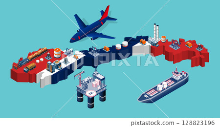 Norway oil and gas industry concept with Offshore crude extraction, transportation, refinery plant, fuel tanker ship rail tanks. Norway oil and gas industry concept with Offshore crude extraction, transportation, refinery plant, fuel tanker ship rail tanks. 128823196
