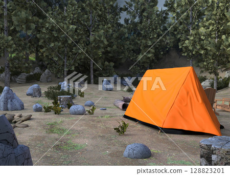 3D Camping Scene with Tent in Forest 128823201