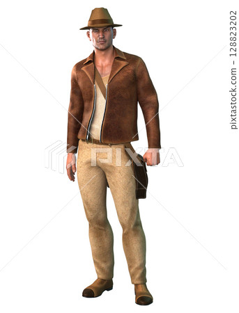 3D Explorer Man in Brown Leather Jacket 128823202