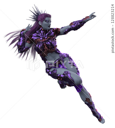 3D Futuristic Female Warrior in Purple Cyber Armor 128823214