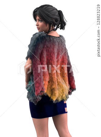 3D Stylish Woman wears Faux Fur Cape 128823219