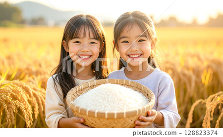 微笑的女孩拿著米飯 128823374