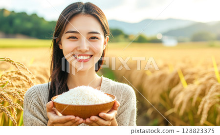 一位微笑的年輕女子拿著米飯 128823375