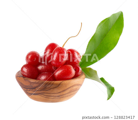 Elaeagnus multiflora isolated on white background. Cherry elaeagnus or cherry silverberry in wooden bowl. Goumi or gumi berry. 128823417