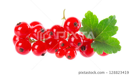 Red currant isolated on white background. Redcurrant or Ribes rubrum ripe berries with green leaves. 128823419