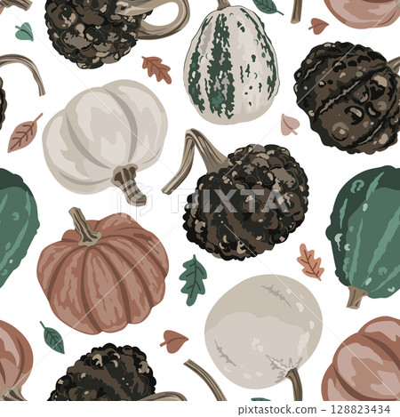 Cozy small gourds and autumn leaves seamless pattern. Pumpkins background. Vector squash illustration 128823434