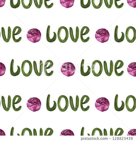Tender love and brush pastel seamless watercolor pattern, hand drawn, paper print, ideal for textile, pink and green colors. 128823439