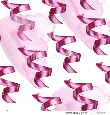 Tender ribbon pastel  seamless watercolor pattern, hand drawn, paper print, ideal for textile, pink colors. 128823440