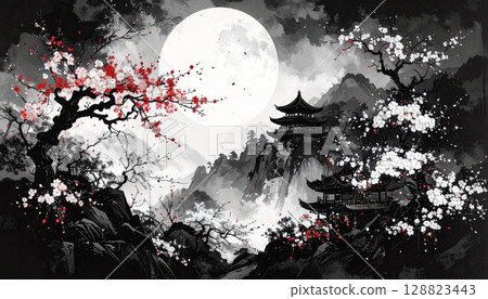 一幅夢幻般的水墨畫,描繪了梅花和滿月照亮的寺廟 一幅夢幻般的水墨畫,描繪了梅花和滿月照亮的寺廟 128823443