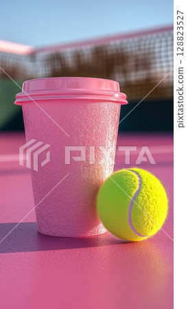 Close up of iced pink drink with lid and tennis ball on a vibrant pink tennis court, ideal for sport, healthy lifestyle, and beverage advertising. 128823527