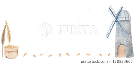 A windmill, wheat stalks, a sack of grain, and scattered wheat kernels watercolor horizontal banner isolated on white background. Hand painted perfect for agricultural, bakery, and organic food themes A windmill, wheat stalks, a sack of grain, and scattered wheat kernels watercolor horizontal banner isolated on white background. Hand painted perfect for agricultural, bakery, and organic food themes 128823603