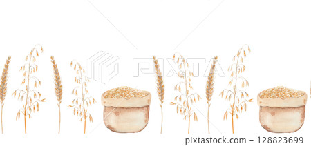 Wheat stalks, oat stems, and grain sacks seamless watercolor border isolated on a white background. Hand painted perfect for agricultural, bakery, organic food, packaging, and eco-themed projects Wheat stalks, oat stems, and grain sacks seamless watercolor border isolated on a white background. Hand painted perfect for agricultural, bakery, organic food, packaging, and eco-themed projects 128823699