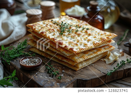 Traditional Matzah Bread with Fresh Herbs 128823741