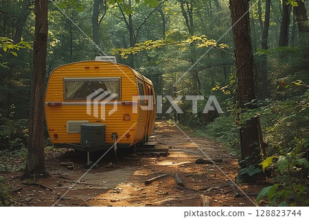 Yellow Pickup Truck Driving on Rural Road 128823744