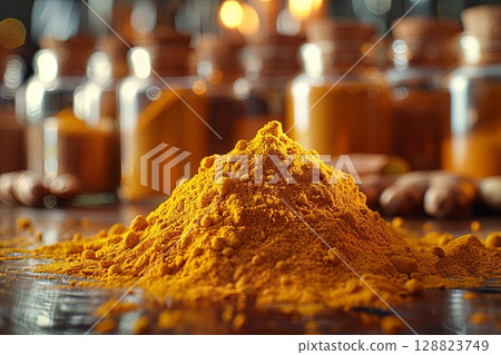 Heap of Turmeric Powder with Bottles in Background 128823749