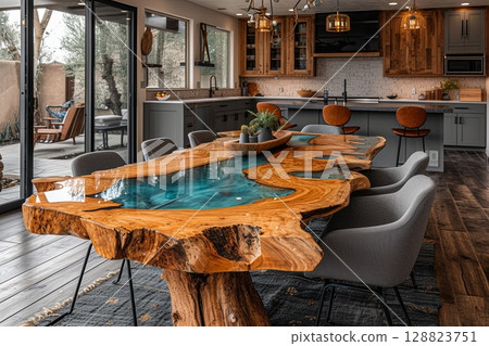 Stunning Epoxy Dining Table in Rustic Kitchen 128823751