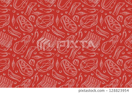 Seamless pattern with meat cut, bacon, ribs, steak, chili pepper garlic, onion and herb leaf in line art style on red background. Perfect for butcher shop package, grocery and culinary book. 128823954
