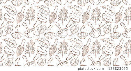 Seamless pattern of line art style mushroom and leaf on white background. Natural forest botanical design for autumn seasonal theme and culinary decoration. 128823955