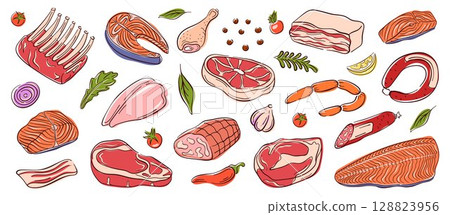 Meat and salmon fish collection with steak, sausage, drumstick, bacon, fillet, vegetable, herb and spice in flat style. Perfect for delivery package, restaurant design and culinary theme. 128823956