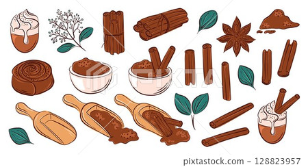 Cinnamon spice collection with stick, powder scoop, flower, roll and leaf in flat style. Perfect for recipe design, package, kitchen decor and culinary project. 128823957