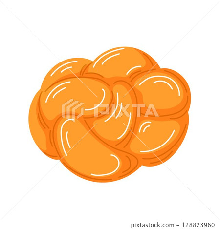 Round Challah bread for Rosh hashanah holiday in cartoon style. White yeast braided bread, traditional food for Shabbat and Jewish holiday. 128823960