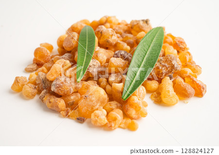 Frankincense or olibanum aromatic resin isolated on white background used in incense and perfumes. Frankincense or olibanum aromatic resin isolated on white background used in incense and perfumes. 128824127