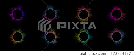 A set of multicolor equalizers made of burst beams . Radial sound, neon sound waves. Music symbol, circular sound waves, digital communication. Vector radial spectrum on black background . 128824137