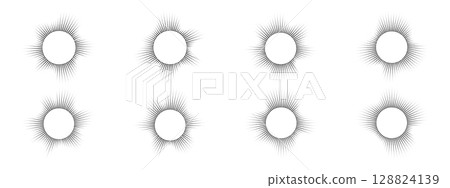 A set of burst ray equalizers . Radial sound, sound waves. Music symbol, circular sound waves, digital communication. Vector radial spectrum. A set of burst ray equalizers . Radial sound, sound waves. Music symbol, circular sound waves, digital communication. Vector radial spectrum. 128824139