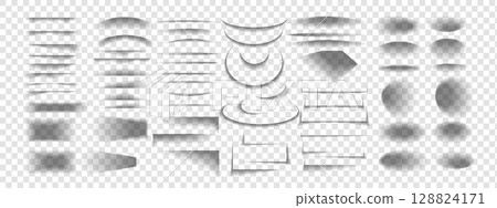 Collection of transparent shadows. Realistic black shadow effect from paper or packing box. Vector round, oval, square, rectangular shadows, shadow stripes on transparent background. 128824171