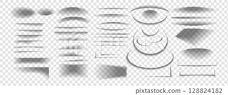 Set of transparent shadows. Realistic black shadow effect from paper or packing box. Vector round, oval, square, rectangular shadows, shadow stripes on transparent background. 128824182