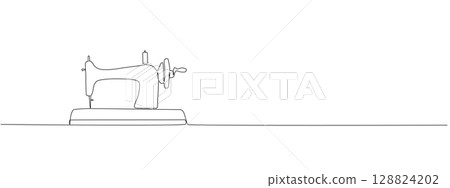 Tailoring tools for sewing garments in one continuous line. Sewing machine, threads in a simple linear style. Concept of needlework. National tailor's day. Vector editable illustration Tailoring tools for sewing garments in one continuous line. Sewing machine, threads in a simple linear style. Concept of needlework. National tailor's day. Vector editable illustration 128824202