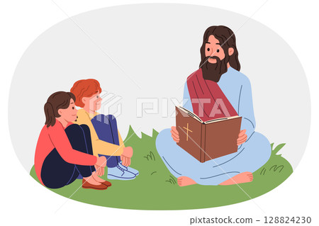 Jesus reads bible to children sitting on lawn, explaining to kids commandments from christian Jesus reads bible to children sitting on lawn, explaining to kids commandments from christian 128824230