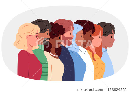 Multinational people demonstrating unity and willingness to stand together against discrimination 128824231