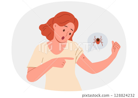 Infectious tick bitten woman hand and is sucking blood, risking infecting with dangerous disease 128824232