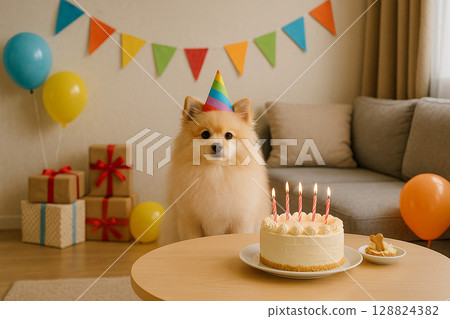 Pomeranian sitting in front of a birthday cake Photo-like realistic AI-generated image 128824382