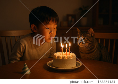 Boy and cat celebrating their birthday Photo-like realistic AI-generated image 128824383