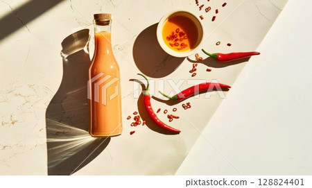 Vibrant red fermented chili sauce in a sleek bottle next to fresh chilies on a marble surface 128824401
