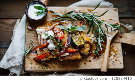 Crispy tempeh and roasted vegetables served on a rustic wooden board with fresh herbs Crispy tempeh and roasted vegetables served on a rustic wooden board with fresh herbs 128824410