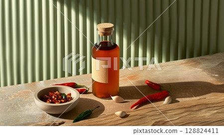 Rustic farmhouse setting featuring handcrafted fermented chili sauce with fresh ingredients 128824411