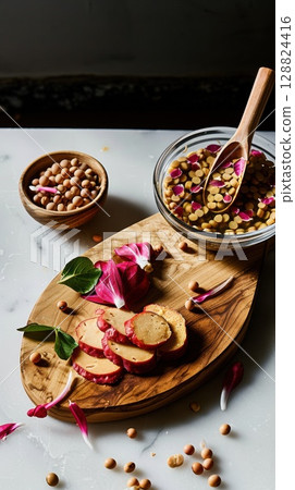 Rustic kitchen preparation featuring fresh tempeh and fermented soybeans Rustic kitchen preparation featuring fresh tempeh and fermented soybeans 128824416