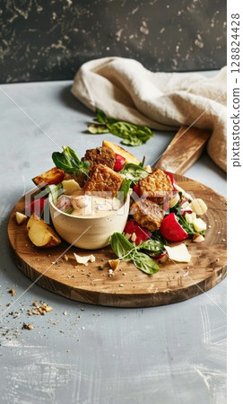 Cozy kitchen spread with crispy tempeh and roasted vegetables on wooden board Cozy kitchen spread with crispy tempeh and roasted vegetables on wooden board 128824428