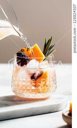 Tropical mango and pineapple infused water poured into a glass with fresh fruit and ice Tropical mango and pineapple infused water poured into a glass with fresh fruit and ice 128824507